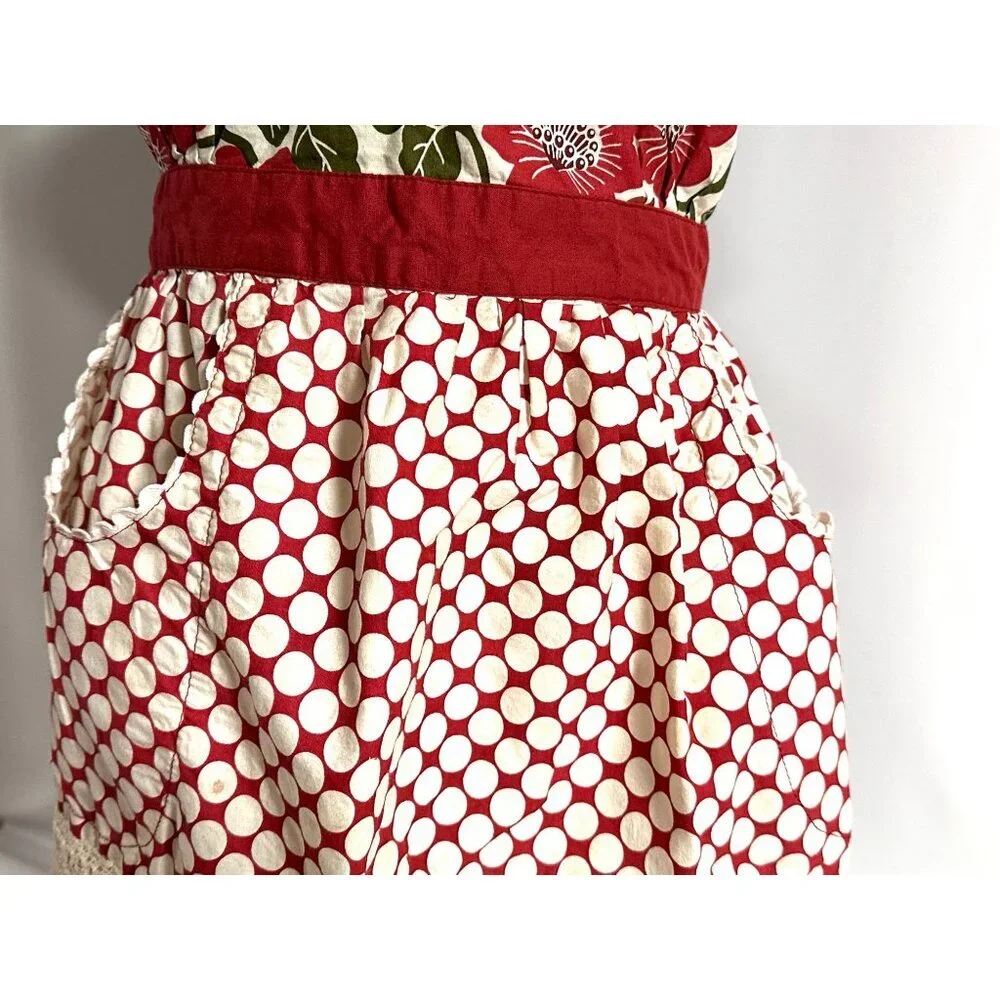 Simply Envogue‎ Red Floral & Polka Dot Apron Lace Trim Cottagecore Grannycore